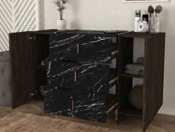 Vente-unique Ladekast-Ladekast 3 Lades En 2 Deurtjes - Zwarte Marmerlook, Donkere Houtlook En Goudkleurig - Cadeba