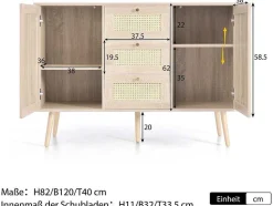 Vente-unique Ladekast-Ladekast 120 X 82 X 40 Cm Met 2 Deuren En 3 Laden In Rotan En Sonoma Eiken, Verstelbare Plank, Beige