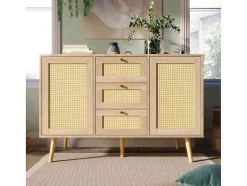 Vente-unique Ladekast-Ladekast 120 X 82 X 40 Cm Met 2 Deuren En 3 Laden In Rotan En Sonoma Eiken, Verstelbare Plank, Beige