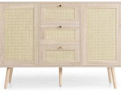 Vente-unique Ladekast-Ladekast 120 X 82 X 40 Cm Met 2 Deuren En 3 Laden In Rotan En Sonoma Eiken, Verstelbare Plank, Beige