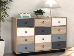 Vente-unique Ladekast-Ladekast Krypton - 3 Lades En 3 Deuren - Kleuren: Eiken, Wit En Grijs