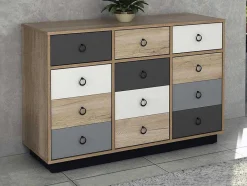 Vente-unique Ladekast-Ladekast Krypton - 3 Lades En 3 Deuren - Kleuren: Eiken, Wit En Grijs