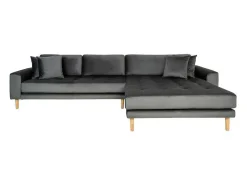 House Nordic Hoekbank-Lido Chaiselong Sofa Rechts Met 4 Kussens, Velour Grijs.
