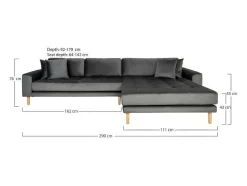 House Nordic Hoekbank-Lido Chaiselong Sofa Rechts Met 4 Kussens, Velour Grijs.