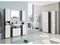 Trendteam Badkamerkast-Linebad Badkamerkast 1 Deur, 1 Lade Gerookt Zilver, Wit Hoogglans.