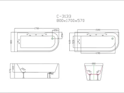 Shower & Design Massagebad-Massagebad Met Glazen Wand Aria Zwart - Persoons - 170*80*57Cm - Linkse Hoek