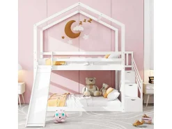ModernLuxe Kinderbed Stapelbed-Massief Grenen Stapelbed 90X200Cm - Met Opbergtrap En Glijbaan - Wit