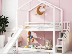 ModernLuxe Kinderbed Stapelbed-Massief Grenen Stapelbed 90X200Cm - Met Opbergtrap En Glijbaan - Wit