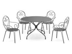 MYLIA Tuinset-Metalen Tuineethoek Met Gietijzeren Stijl: Een Tafel D120 Cm En 4 Opstapelbare Fauteuils - Antraciet - Guermantes Van