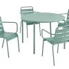 MYLIA Tuinset-Metalen Tuinsalon Mirmande - Tafel D110 Cm + 4 Stapelbare Fauteuils - Amandelgroen