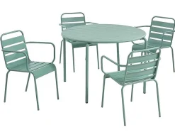 MYLIA Tuinset-Metalen Tuinsalon Mirmande - Tafel D110 Cm + 4 Stapelbare Fauteuils - Amandelgroen