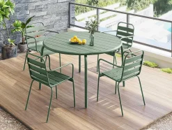MYLIA Tuinset-Metalen Tuinsalon Mirmande - Tafel D110 Cm + 4 Stapelbare Fauteuils - Amandelgroen