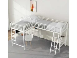 ModernLuxe Kinderbed Hoogslaper-Mezzaninebed - 2 Bedden 90X200 Cm - 2 Bureaus Onder Het Bed - Wit