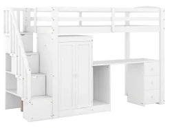 Vente-unique Kinderbed Hoogslaper-Mezzaninebed 90 X 200 Met Kledingkast En Trap, Bureau En Lades - Grenen + Mdf - Wit