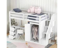 Vente-unique Kinderbed Hoogslaper-Mezzaninebed 90 X 200 Met Kledingkast En Trap, Bureau En Lades - Grenen + Mdf - Wit