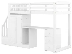 Vente-unique Kinderbed Hoogslaper-Mezzaninebed 90 X 200 Met Kledingkast En Trap, Bureau En Lades - Grenen + Mdf - Wit