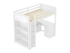 ModernLuxe Kinderbed Hoogslaper-Mezzaninebed 90X200 Cm - Met Opbergmeubel En Bureau - Massief Hout - Wit