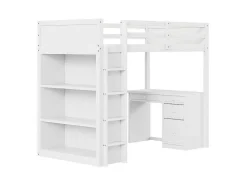 ModernLuxe Kinderbed Hoogslaper-Mezzaninebed 90X200 Cm - Met Opbergmeubel En Bureau - Massief Hout - Wit