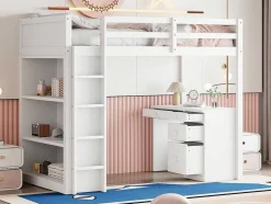 ModernLuxe Kinderbed Hoogslaper-Mezzaninebed 90X200 Cm - Met Opbergmeubel En Bureau - Massief Hout - Wit