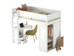 ModernLuxe Kinderbed Hoogslaper-Mezzaninebed 90X200Cm - Multifunctioneel Kinderbed - Voorzien Van Kledingkast En Bureau - In Massief Grenen - Wit