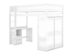 ModernLuxe Kinderbed Hoogslaper-Mezzaninebed 90X200Cm - Multifunctioneel Kinderbed - Voorzien Van Kledingkast En Bureau - In Massief Grenen - Wit