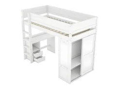 ModernLuxe Kinderbed Hoogslaper-Mezzaninebed 90X200Cm - Multifunctioneel Kinderbed - Voorzien Van Kledingkast En Bureau - In Massief Grenen - Wit