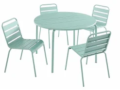 MYLIA Tuinset-Mirmande Metalen Eettafelset Voor Buiten - Een Tafel D.110 Cm En 4 Stapelbare Stoelen - Amandelgroen