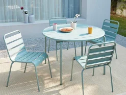 MYLIA Tuinset-Mirmande Metalen Eettafelset Voor Buiten - Een Tafel D.110 Cm En 4 Stapelbare Stoelen - Amandelgroen