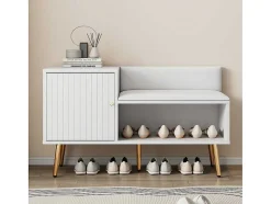 Vente-unique Schoenenkast-Moderne Schoenenbank Met 3 Deuren En Kussen - Metalen Poten En Handgrepen - Kleur Wit - 100 X 38 X 58 Cm