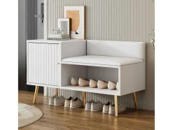 Vente-unique Schoenenkast-Moderne Schoenenbank Met 3 Deuren En Kussen - Metalen Poten En Handgrepen - Kleur Wit - 100 X 38 X 58 Cm