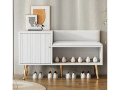 Vente-unique Schoenenkast-Moderne Schoenenbank Met 3 Deuren En Kussen - Metalen Poten En Handgrepen - Kleur Wit - 100 X 38 X 58 Cm