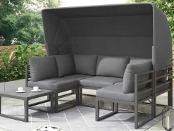 ModernLuxe Loungeset-Multifunctioneel Ijzeren Tuinmeubel - Loungebank Met Verstelbare Luifel - 5 Zitplaatsen En 1 Salontafel - Grijs
