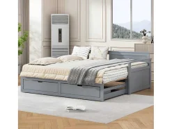 ModernLuxe Tweepersoonsbed-Multifunctioneel Onderschuifbed Van Massief Hout - 2 Laden Op Wielen - Grijs