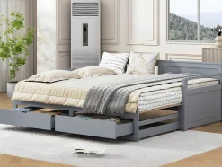 ModernLuxe Tweepersoonsbed-Multifunctioneel Onderschuifbed Van Massief Hout - 2 Laden Op Wielen - Grijs