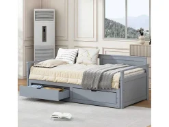 ModernLuxe Tweepersoonsbed-Multifunctioneel Onderschuifbed Van Massief Hout - 2 Laden Op Wielen - Grijs