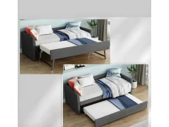 ModernLuxe Tweepersoonsbed-Multifunctioneel Onderschuifbed Met Opklapbed - 90X200 Cm - Linnen Stof - Grijs