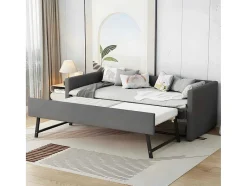 ModernLuxe Tweepersoonsbed-Multifunctioneel Onderschuifbed Met Opklapbed - 90X200 Cm - Linnen Stof - Grijs