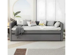 ModernLuxe Tweepersoonsbed-Multifunctioneel Onderschuifbed Met Opklapbed - 90X200 Cm - Linnen Stof - Grijs