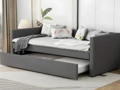 ModernLuxe Tweepersoonsbed-Multifunctioneel Onderschuifbed Met Opklapbed - 90X200 Cm - Linnen Stof - Grijs