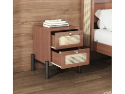 ModernLuxe Nachtkastje-Nachtkastje - 2 Pvc Rotan Lades Met Zwarte Poten - Bruin