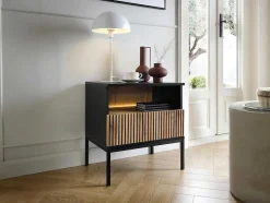 Vente-unique Nachtkastje-Nachtkastje 1 Lade En 1 Nis - Met Ledverlichting - Zwart En Naturel - Ovila