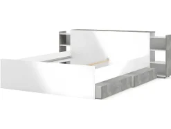 Vente-unique Hoofdeinde En Brugkast-Nada Hoofdbord Met Opbergruimte 160 Cm, Betondecor/Wit Hoogglans.