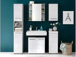 Trendteam Muurkast Badkamer-Nanobad Badkamerkast 1 Deur Betonsteen Decor, Wit Hoogglans.