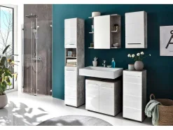 Trendteam Muurkast Badkamer-Nanobad Badkamerkast 1 Deur Betonsteen Decor, Wit Hoogglans.