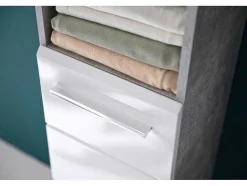 Trendteam Badkamerkast-Nanobad Kolomkast Hoog 2 Deuren, 2 Open Vakken Betonsteen Decor, Wit Hoogglans.