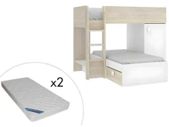 Vente-unique Kinderbed Stapelbed-Omkeerbare Hoekstapelbed Ricardo - 2 X 90X190Cm - Opbergruimte - Grijs En Wit + Matras