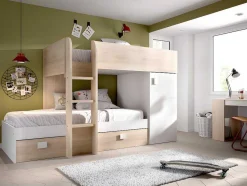 Vente-unique Kinderbed-Omkeerbare Hoekstapelbed Ricardo - 2 X 90X190Cm - Opbergruimte - Eiken En Wit