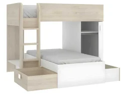 Vente-unique Kinderbed-Omkeerbare Hoekstapelbed Ricardo - 2 X 90X190Cm - Opbergruimte - Eiken En Wit