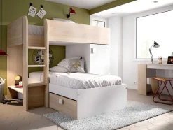 Vente-unique Kinderbed-Omkeerbare Hoekstapelbed Ricardo - 2 X 90X190Cm - Opbergruimte - Eiken En Wit