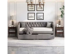 ModernLuxe Bed Met Slaaplade-Onderschuifbed, Linnen Slaapbank 90X200Cm Met 2 Lades En Lattenbodem En - Grijs